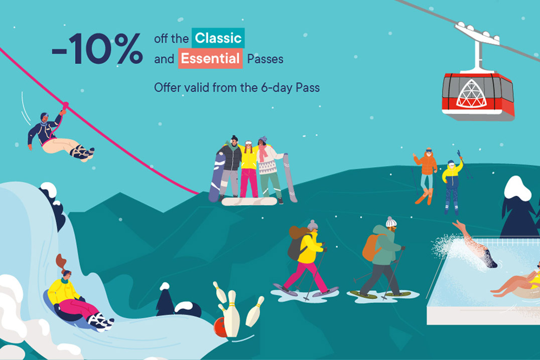 Are you already dreaming of your next mountain destination?<br>
10 % DISCOUNT ON CLASSIC AND ESSENTIAL PASSES<br>
Offer valid on Passes stays from 6 to 12 days (excluding Duo, Tribe and Family Packs).